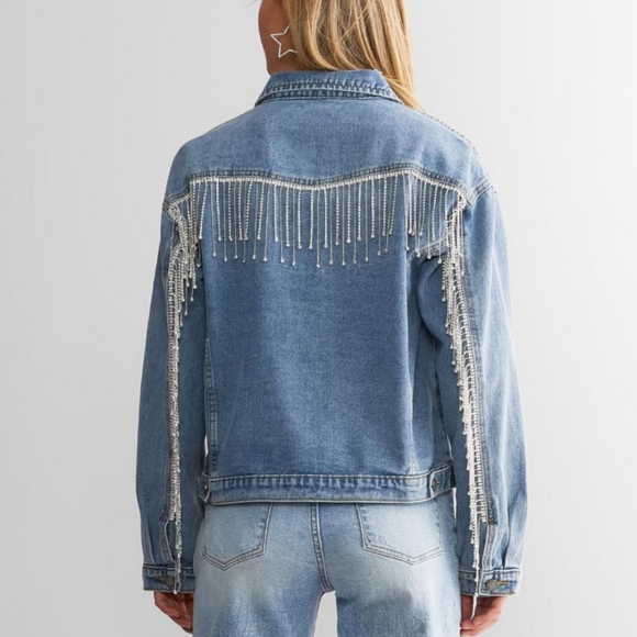 . Vervet Distressed Rhinestone Fringe Long Sleeve Denim Jacket - Picture 3 of 8